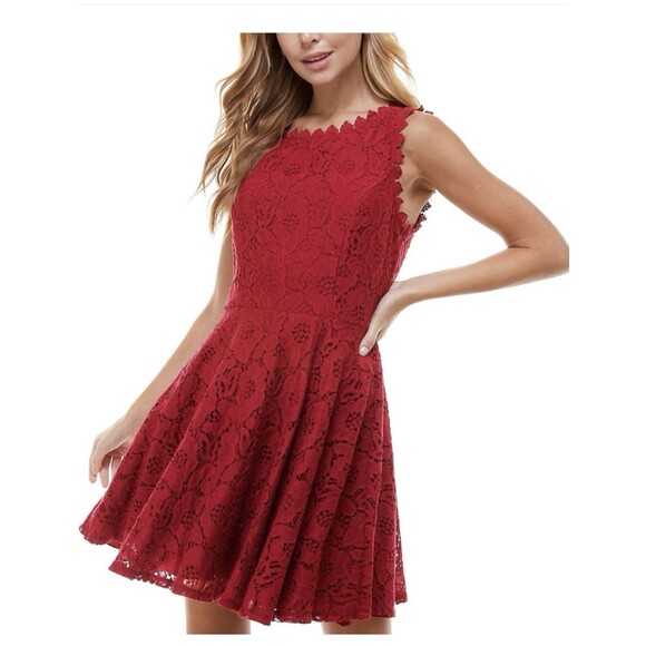 City Studio Juniors Lace Trim Mini Fit & Flare Dress Size 0 Red - Picture 1 of 11